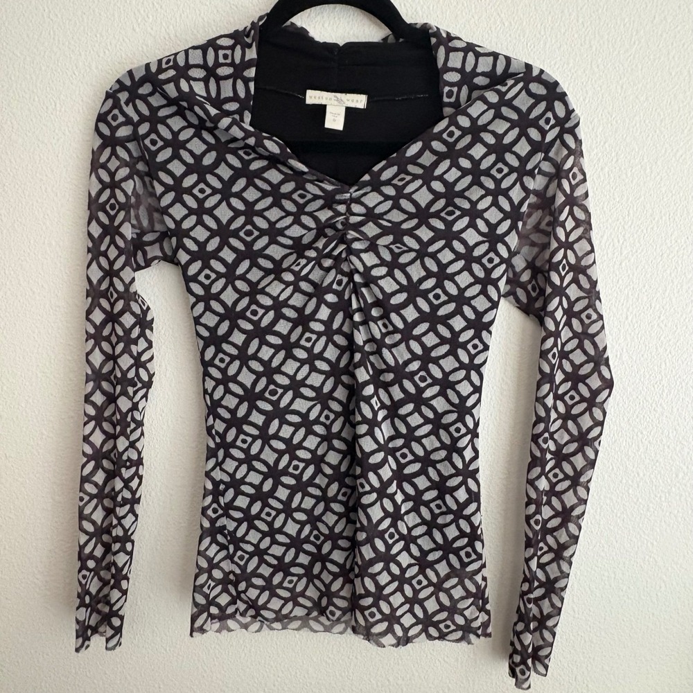 Weston Wear Long Sleeve Top Mesh Black Geometric Print Fitted Tee Small - Picture 3 of 9